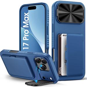 BXYJY for iPhone 17 Pro Max Case with Card Holder (3-5 Cards), Camera Cover Stand, Military Grade Protection, Shock Proof Heavy Duty Rugged Women Men Wallet Case for iPhone 17 Promax 6.9" 2025, Blue