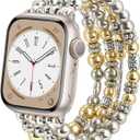 Filoto Beaded Bracelet Compatible with Apple Watch Band 38mm/40mm/41mm/42mm/44mm/45mm/46mm for Women Fashion Elastic Beads Stretch Jewelry Strap Replacement for iWatch Series 10/9/8/7/SE/6/5/4/3/2/1 (Silver + Gold)