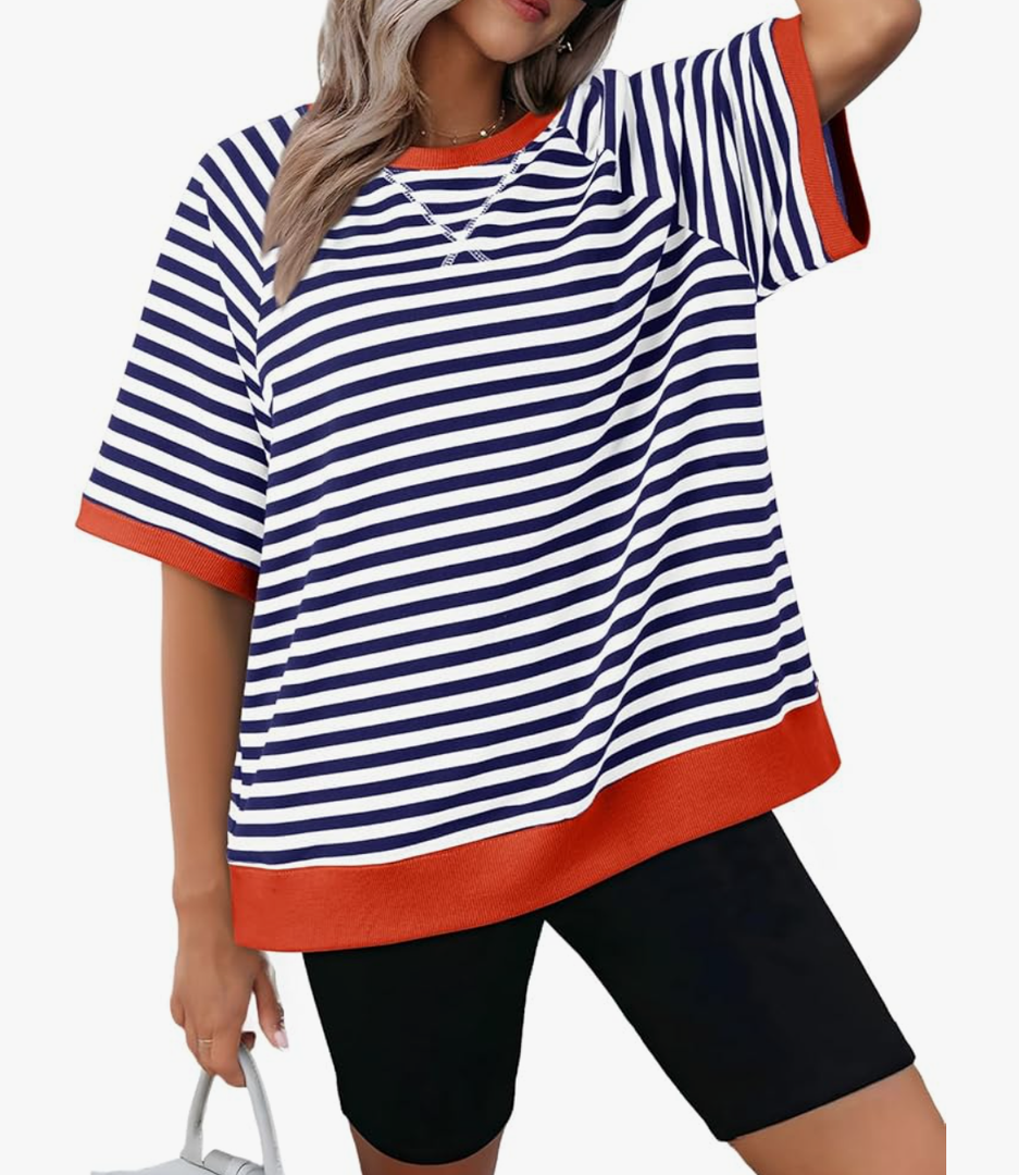 Dokotoo Oversized T Shirts for Women Crewneck Short Sleeve Casual Summer Tops Lightweight Loose High Low Blouse, White Stripes Color, M Size