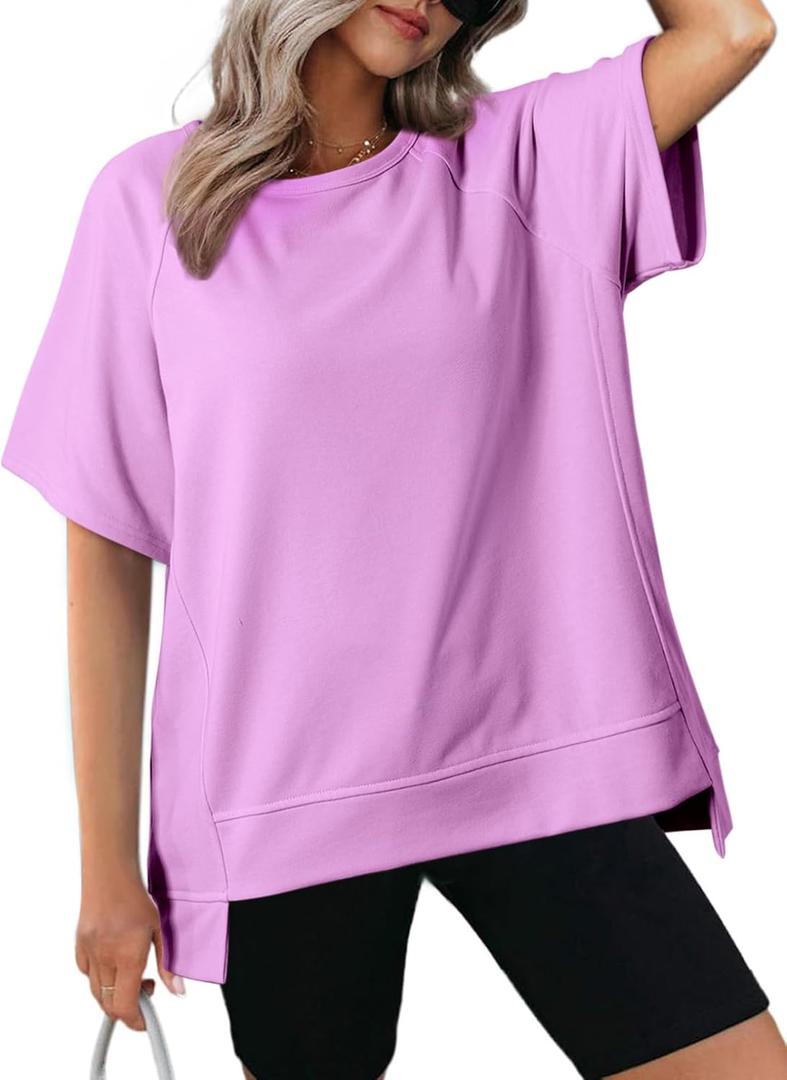 Dokotoo Womens Oversized T Shirts Loose Fit Crewneck Short Sleeve Tops Summer Casual Blouse Y2K 2026 High Low Lightweight Thin Basic Tee Uneven Hem Solid Color Women's T-Shirts Purple X-Large