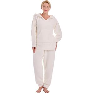 Womens Fleece Pajamas Sets 2 Piece Sherpa Pajama Long Sleeve Softies Loungewear Set Fuzzy Flannel For Women Hooded (White, M)
