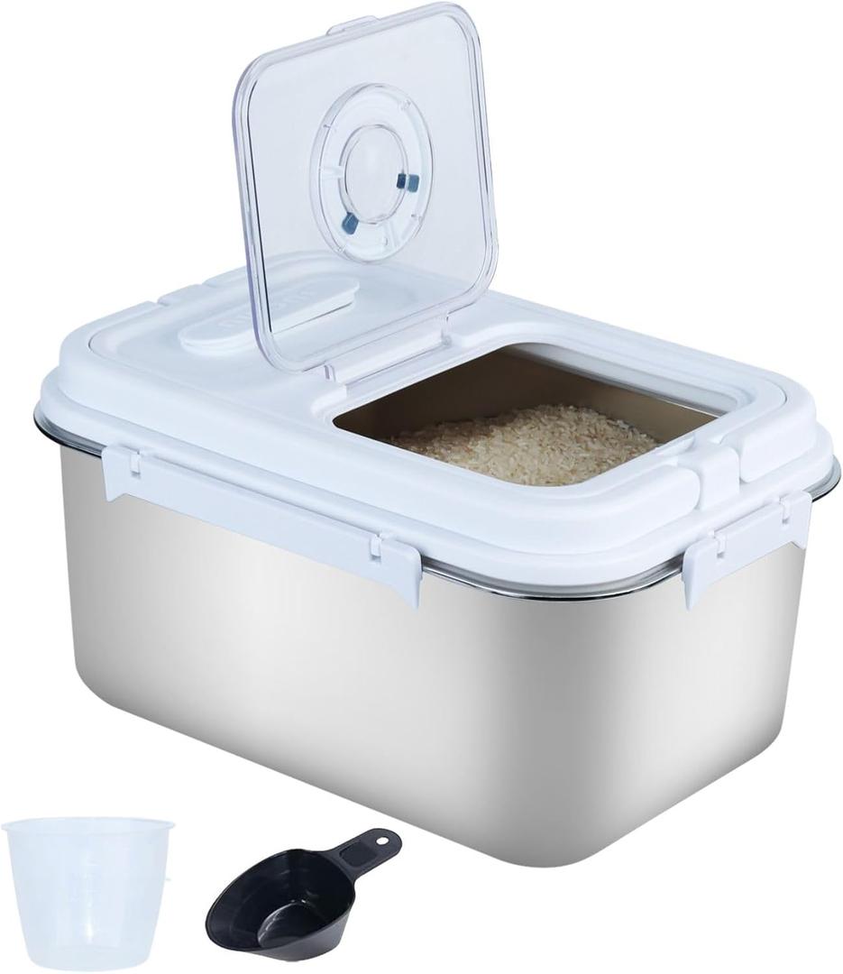 20Lbs Airtight Rice Container with Flip Lid, Stainless Steel Food Storage Container with Date Tracker, Measuring Cup and Spoon, 10L Portable Kitchen Pantry Bin for Flour Grain Sugar - Silver