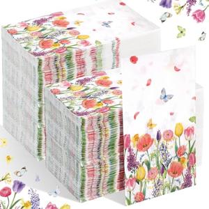 Yeaqee 200 Pcs Spring Floral Disposable Napkins Paper Guest Towels with Tulip & Butterfly Design Absorbent Decorative Hand Towels for Bathroom Tea Party Wedding Graduation Supplies(Floral)
