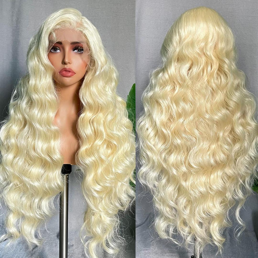SOKU 613 Blonde Lace Frontal Wig 32 Inch Body Wave 13x6 Large Parting Space Transparent Swiss Lace Front Wig Pre Plucked with Baby Hair Platinum Blonde Synthetic Lace Wigs for Women