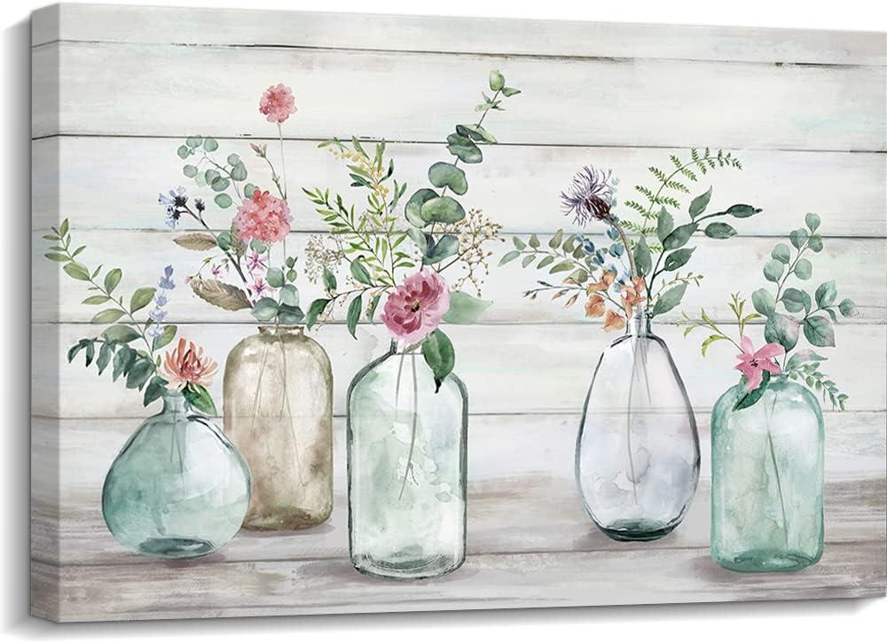 Creoate Bathroom Decor Floral Bouquets in Vase Canvas Wall Art, Flowers Painting Picture Rustic Wood Farmhouse Home Wall Decor, 16 x 24 Inches