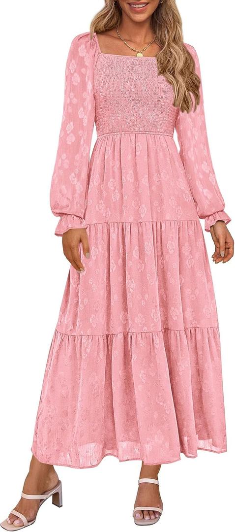 PRETTYGARDEN Wedding Guest Dresses for Women Floral Long Sleeve Smocked Tiered Elegant Long Flowy Boho Dress (Pink,Large) (L)