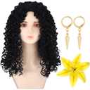 Yinder 3 Pcs Mother Witch Halloween Costume Black Curly Wig Wavy Wig Yellow Flower Gold Cone Earrings Movie Cosplay Costume for Halloween Women Mother Adult Witch Fairytale Party Accessories