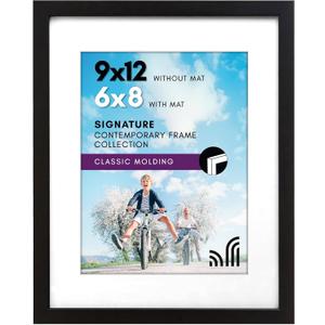 Americanflat 9x12 Picture Frame with Shatter-Resistant Glass - Use as 6x8 Frame with Mat or Display 9x12 Photo Without Mat - Signature Collection - Picture Frames for Tabletop and Wall Display - Black
