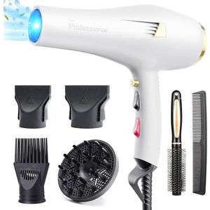 Professional Ionic Hair Dryer AC Motor Fast Drying Salon Blow Dryer with Diffuser, Comb, Nozzle, Concentrator, for Curly and Straight Hair, 2 Speed & 3 Heat Setting, Cool Button(White)