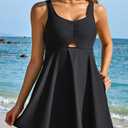 Charmo One Piece Swimsuit Women V Neck Bathing Suits Cutout Tie Knot Swimdress with Pockets Tummy Control Swimwear Black S