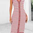 BTFBM Casual Women Spring Dresses 2025 Sleeveless Striped Midi Button Down Dress Ribbed Knit Cardigan Cover Up Dress (Pink, M)