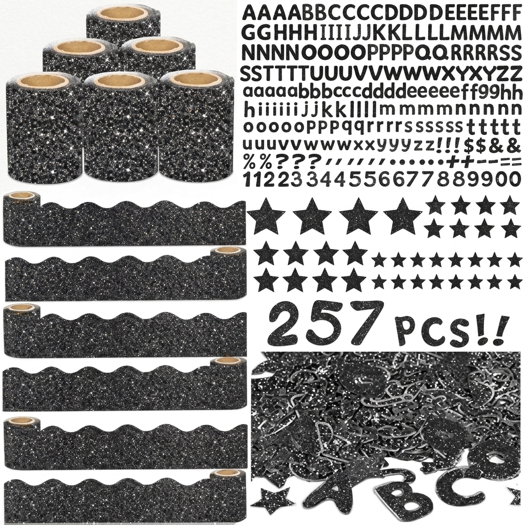 Kosiz Black Glitter Bulletin Board Decoration Set 118 ft Scalloped Bulletin Board Borders Classroom Poster Border Trim with 257 Pcs Letter Number Symbol Cutout for Back to School Graduation Decor