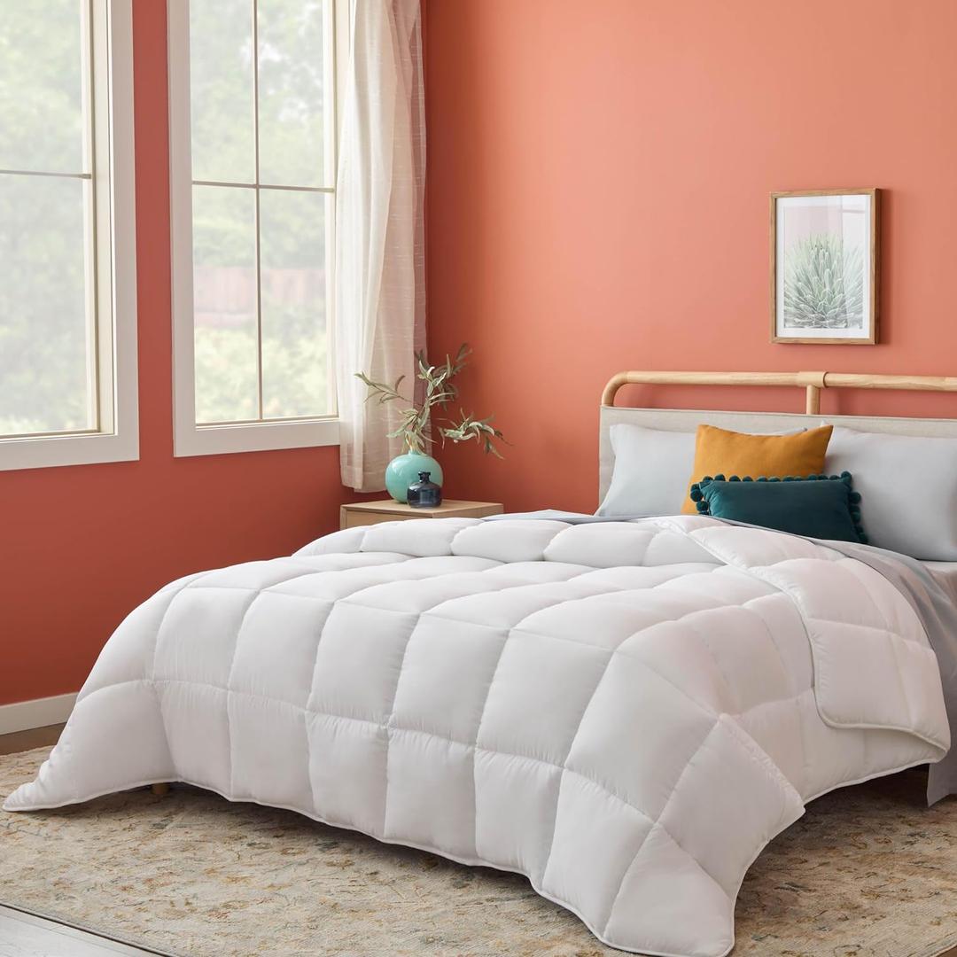 Linenspa Hypoallergenic Microfiber White Down Alternative Insert-All-Season Comforter with Box Stitch and 8 Duvet Loops-Bedding for Kids, Teens, and Adults-Oversized King
