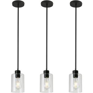 3 Pack Black Pendant Lights Kitchen Island, Modern Industrial Matte Black Hanging Light Fixtures, Adjustable Downrod Farmhouse Glass Pendant Lighting for Dining Room Bedroom Hallway Entryway