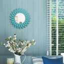 Honiway Beach Wall Decor Mirror 12 inch Wood Coastal Wall Decor Sunburst Boho Home Decor Room Decor for Bedroom Living Room Bathroom Cyan