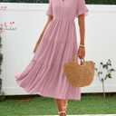 BTFBM Summer Dresses for Women 2025 Vacation V Neck Loose Short Sleeve A Line Tiered Flowy Casual Midi Beach Dress (Pink, S)