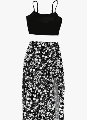 WDIRARA Women's 2 Pieces Outfits Crop Cami Tops and Floral Print Drawstring Split Skirt Set Black White Medium