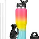 HYDROWION Stainless Steel Water Bottle, 32oz Wide Mouth Double Wall Vacuum Insulated Water Bottle with Straw Lid, Spout Lid and Flex Cap, Leakproof,Fit in Any Car Cup Holder, Red&Yellow&Blue