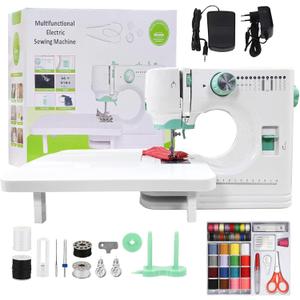 Sewing Machine for Beginners, 32Pcs Sewing Threads Kit,12 Built-in Stitches, 2-Speed Control, Extension Table Included, Compact & Easy to Use Portable Sewing Machine for Home and Travel (Greenhite)