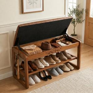Shoe Rack Bench,2 Tiers Shoe Bench with Storage with Flip-Top,Wood Shoe Rack for Entryway,Hallway(Solid Upholstered Seat,31.5")