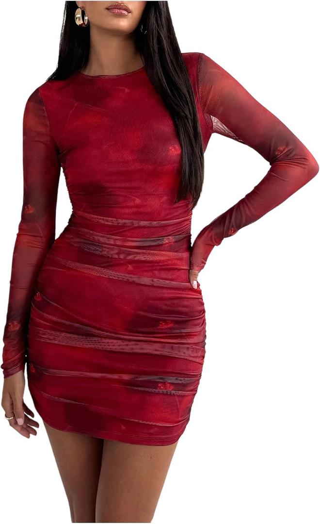 Milumia Women's Tie Dye Ruched Round Neck Long Sleeve Dress Bodycon Mini Dresses (X-Large, Red Multi)