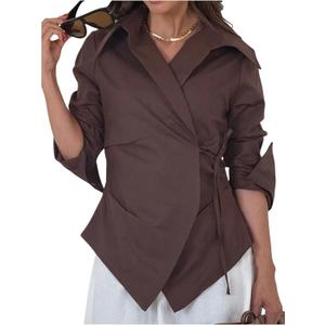 GORGLITTER Women's Wrap Blouses Dressy Casual Tie Side Long Sleeve Shirts Asymmetrical Business Office Work Outfits, Brown, Large