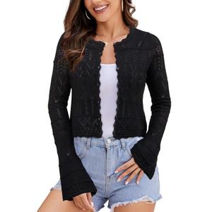 FAIRY SEASON Women's Cropped Cardigan Sweater Bell Long Sleeve 2025 Fall Lightweight Crochet Button Down Casual Elegant Knit Bolero Shrugs for Dresses Black Large