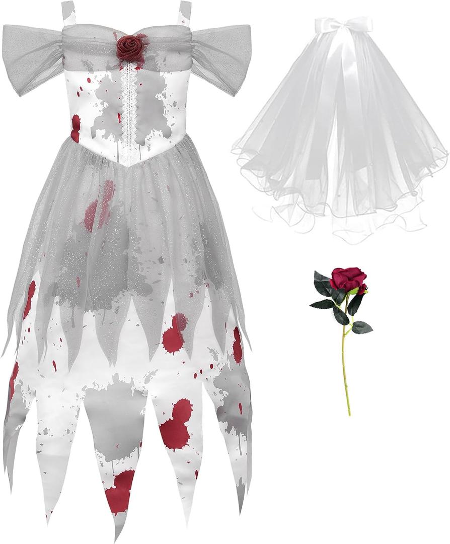 ReliBeauty Ghost Zombie Bride Costume for Girls with Veil and Flower (3T/100, White)