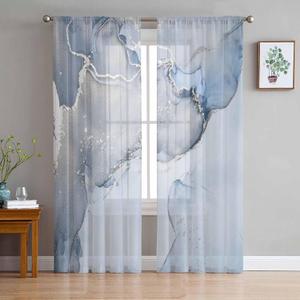 Blue Marble Sheer Curtains 84 Inch Length 2 Panels Set for Living Room/Bedroom, Blue Grey Stripes Marble Texture Nature Tone Semi Curtain Sheers Drapes Rod Pocket Curtains Window Treatment Set