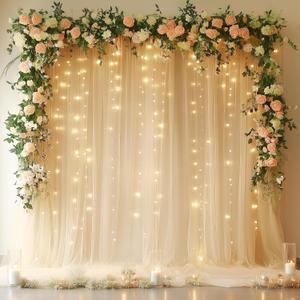 Fomcet Champagne Tulle Backdrop Curtains with Lights String 10FT X 10FT Sheer Curtains with Lights Tulle Curtains Backdrop for Wedding Birthday Party Photo Shoot (2 Panels 5x10FT)