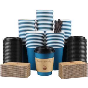 100 Pack 10 oz Coffee Cups with Lids, Disposable To Go Paper Coffee Cups with Sleeves and Stirring Sticks for Hot/Cold Drinks Office Home Shop Event (Navy)