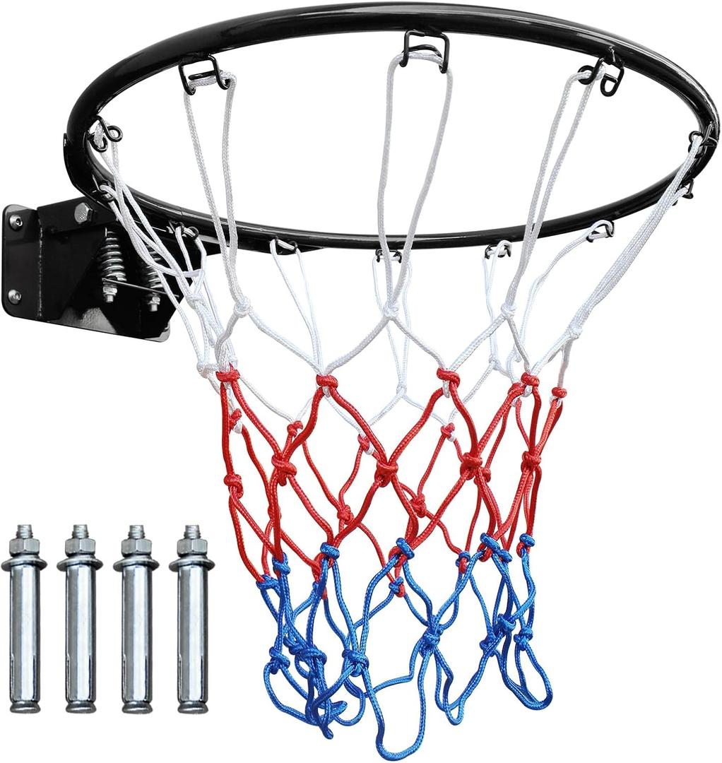 18" Basketball Rim Replacement, Wall-Mounted Basketball Hoop with Net, Double Spring Solid Rim, Indoor/Outdoor