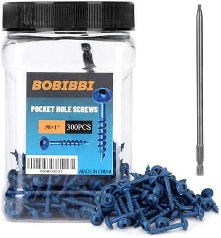 Bobibbi Pocket Hole Screws #8x1, Coarse Thread Wood Screws 300Pcs, Washer Head with Square Drive, 150MM Drive Bit Included