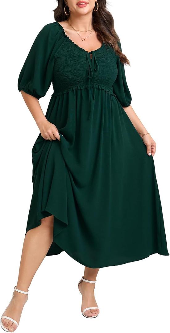 Women's Plus Size Maxi Dress Wedding Guest Half Sleeve V Neck Bowknot Smocked Milkmaid Flowy Dresses for Women (XX-Large Plus, Emerald Green) Women's Plus Size Maxi Dress Wedding Guest Half Sleeve V Neck Bowknot Smocked Milkmaid Flowy Dresses for Women (XX-Large Plus, Emerald Green)