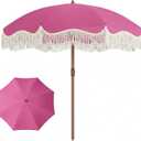 7ft Patio Umbrella with Fringe, Boho Beach Umbrellas, Outdoor Tassels Umbrellas with Push Button Tilt & Carrying Bag, 8 Windproof Fiberglass Ribs, UPF50+