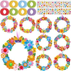 Hollowfly 48 Sets Spring Wreath Craft Kits DIY Flower Hanging Ornaments Make Your Own Paper Craft with Stickers for Home Spring Party Mother's Day Activities