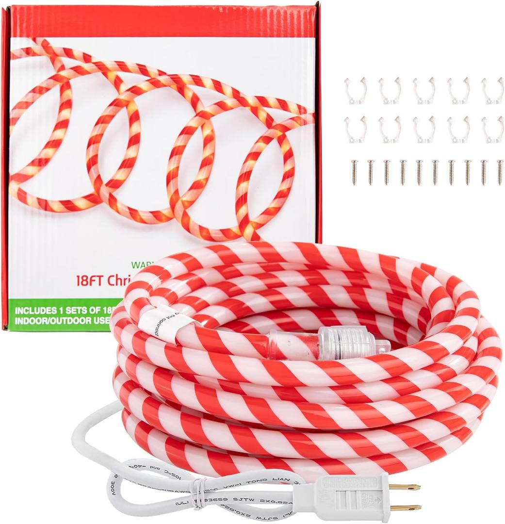 Afirst Christmas Candy Cane Rope Lights - 18FT LED Fairy Lights IP65 Waterproof Connectable Tube Lights for Outdoor Patio Garden Christmas Tree Holiday Decorations