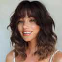 Short Wig with Bangs Ombre Brown Wavy Wig for Women Natural Looking Synthetic 14 Inch Bob Hair for Daily Cosplay Party Use