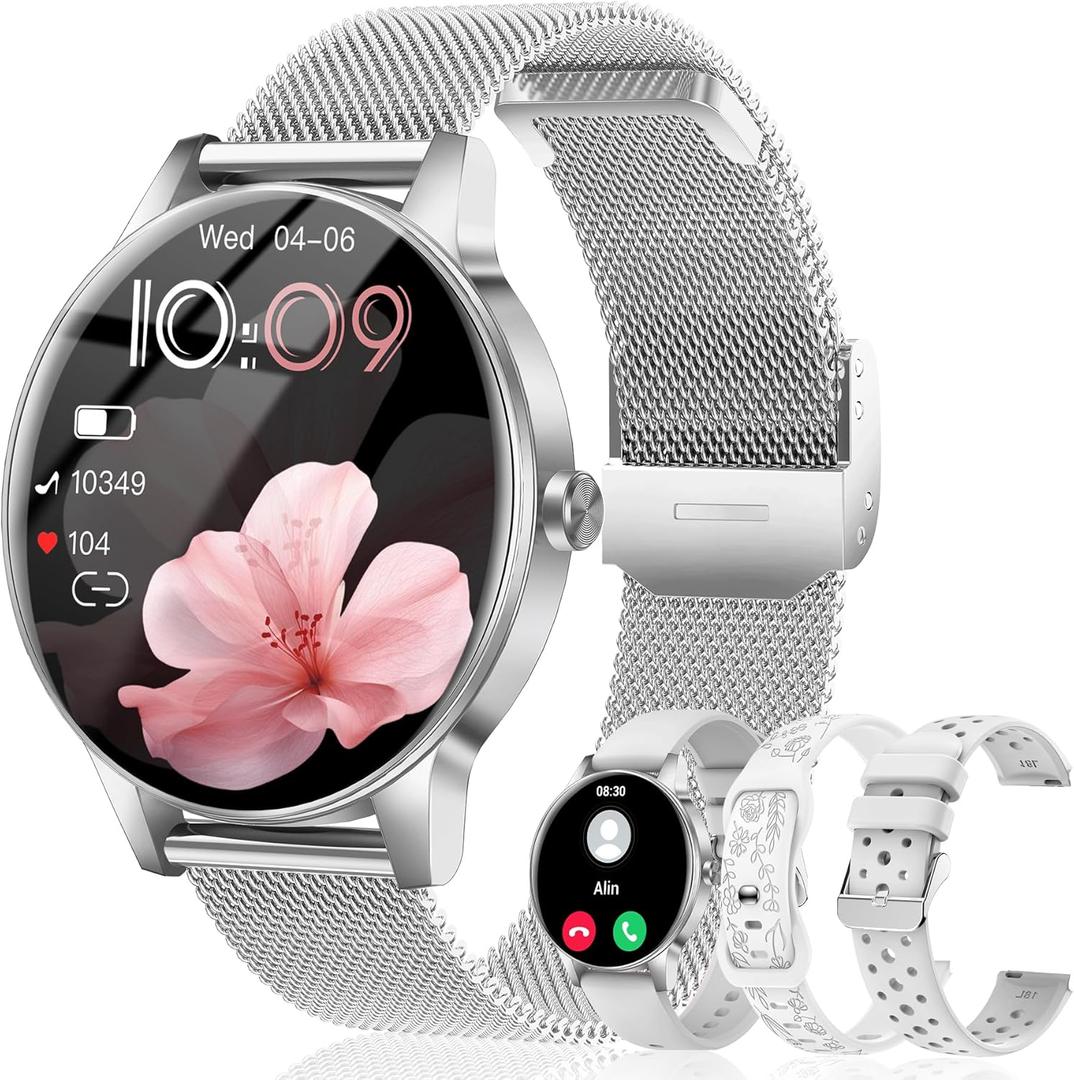 Smart Watch for Women, Answer/Make Call,1.27'' Touchscreen, 120+ Sports Modes Fitness Tracker, 24H Heart Rate/SpO2/Sleep/Menstrual Cycle/IP68 Fitness Watch for Android iOS, 4 Straps (Silver)