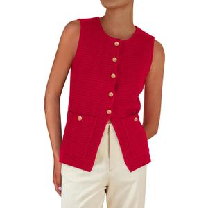 PRETTYGARDEN Women's 2026 Spring Sweater Vest Sleeveless Button Down Knit Cardigan Tank Tops Summer Business Casual Outfits (Red, L)