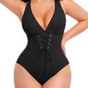 SHAPELLX Women One Piece Swimsuits Tummy Control Bathing Suits Push Up Slimming Swimwear with Built-in Bra V Neck (Black, L)