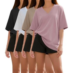 1/4 Pack Oversized TShirts for Women, Short Sleeve Drop shoulders Plus Size Baggy Dry Fit T Shirts Tops Tees (XX-Large, 1 Black 1 White 1 Dark Pink 1 Khaki)