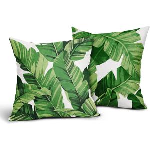 Tropical Palm Leaves Throw Pillow Covers 18x18 Inch Pack of 2 Summer Green Banana Leaf Pillow Covers Modern Outdoor Tropical Pillowcase Square Linen Cushion Cover for Bedroom Sofa Couch Home Decor