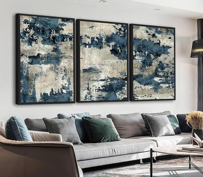 Large Abstract Canvas Wall Art - Black Float Framed Modern Wall Pictures for Living Room Vintage Blue Beige Artwork Retro Paintings Canvas Prints for Bedroom Home Office Decor 24" X 36" X 3PCS
