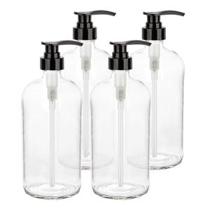 Glass Shampoo and Conditioner Dispenser - Large Glass Pump Bottle Dispenser - 32 Ounce (1 Liter) - Pack of 4, Clear