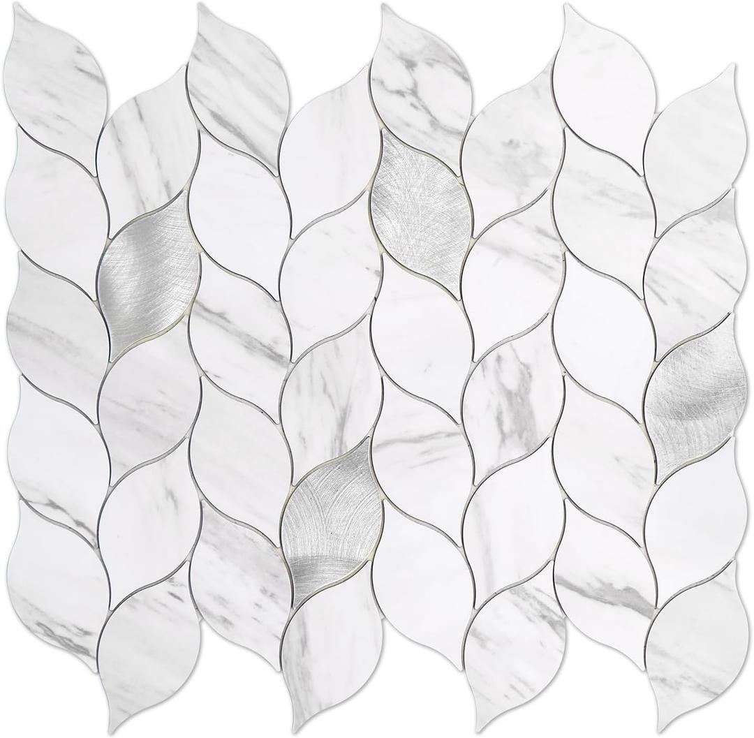Tilingview 10-Sheet Peel and Stick Backsplash Tile for Kitchen, Self-Adhesive Mosaic Leaf Shape PVC Mixed Metal Wall Tile with Gaps (Leaf Gaps Marble)
