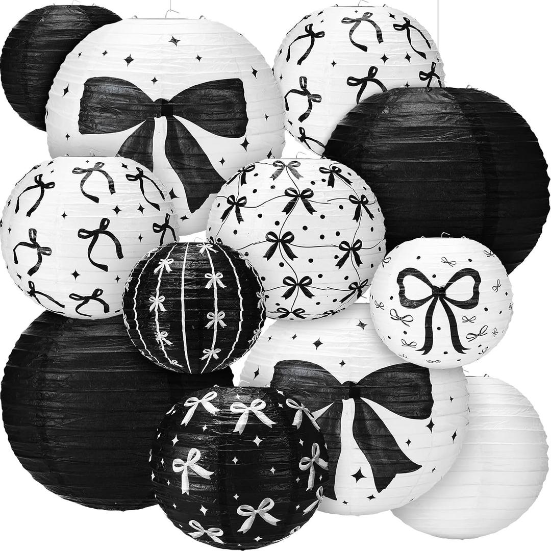12 Pcs Black Bow Paper Lanterns Black Bow Birthday Party Decorations Birthday Decor for Girls Women Classroom Back to School Weddings Bachelorette Bridal Shower Party Supplies