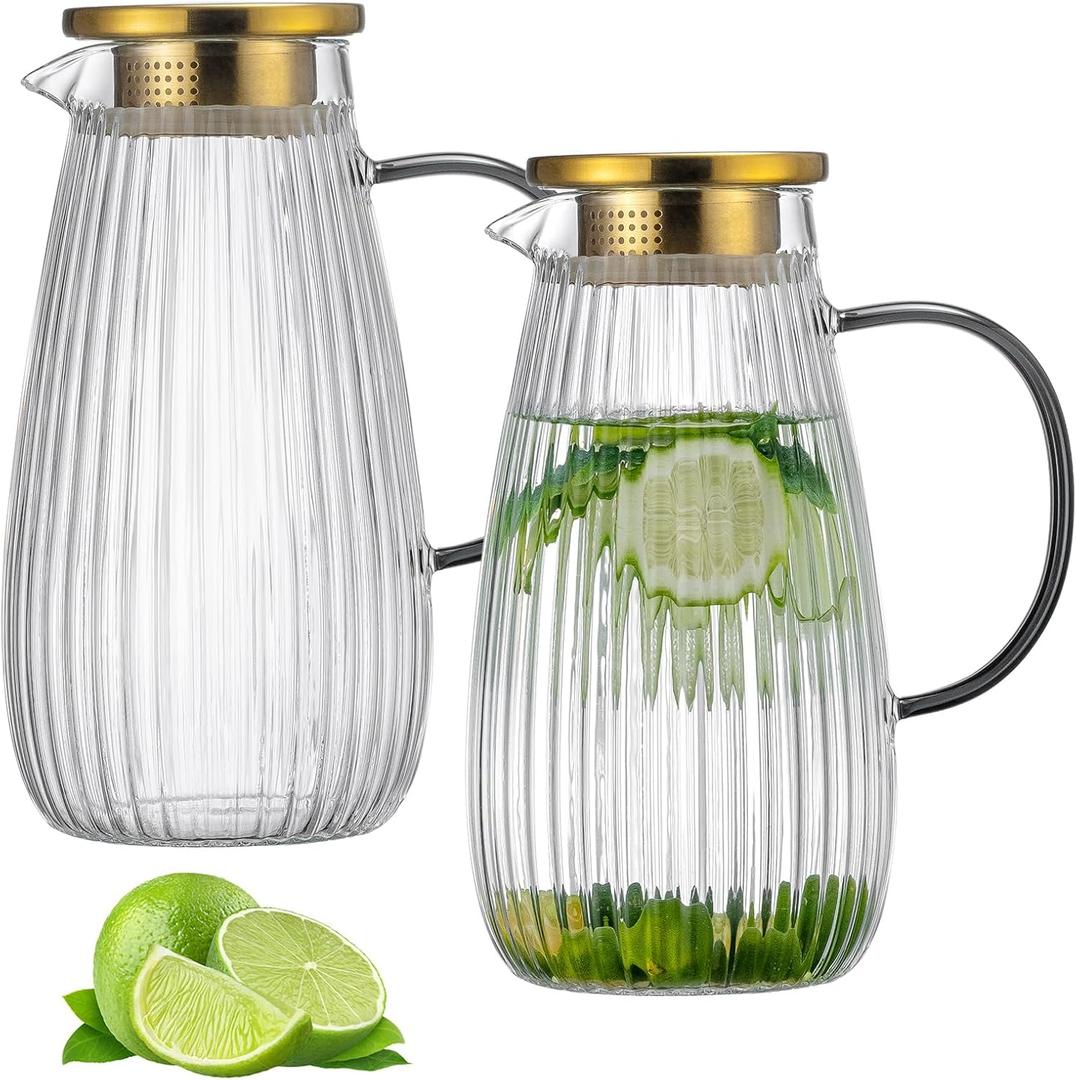 2 PACK Glass Pitcher with Lid and Spout,68 oz/2 Liter Vertical Stripes Water Pitcher for Fridge, Clear Borosilicate Glass Water Carafe for Cold Brew, Coffee, Lemonade, Sun Tea,Heat Resistant (2L- New Design)