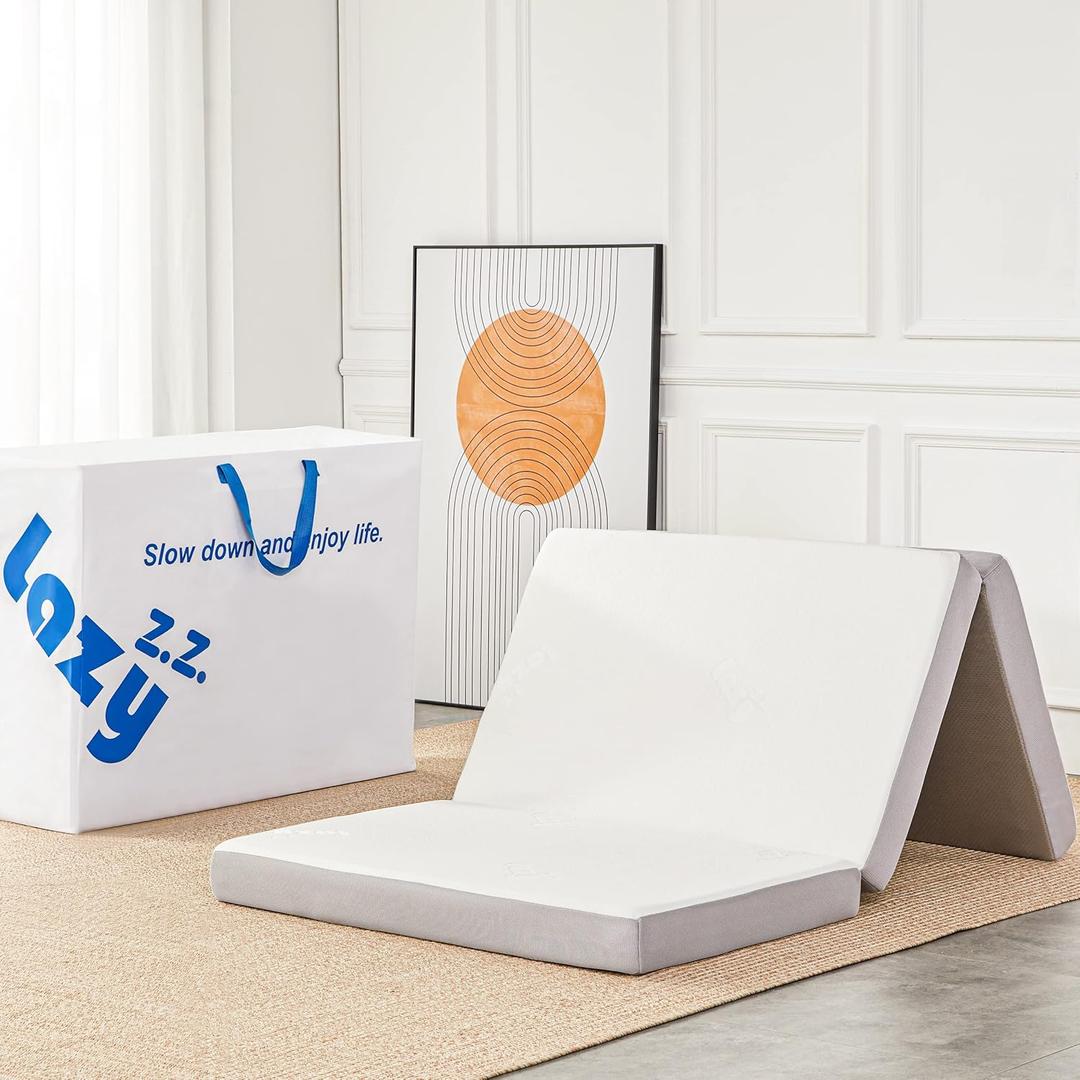 Lazyzizi Folding Mattress - 4 Inch Memory Foam Tri-fold Mattress with Breathable & Washable Bamboo Fiber Fabric Cover - Foldable Guest Bed for Camping, Road Trip, Full