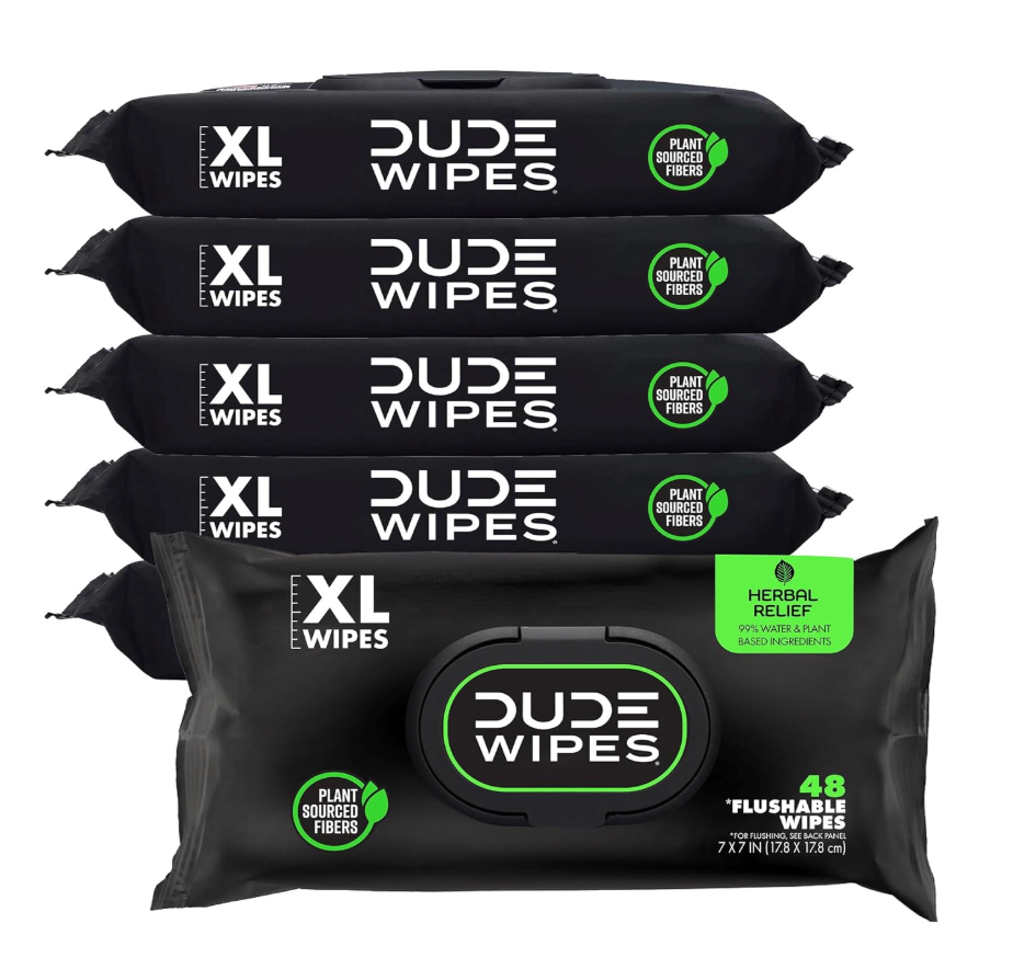 DUDE Wipes Herbal Relief Flushable Wipes  ExtraLarge Adult Wet Wipes  6 Pack (288 Count)  Infused with Soothing Witch Hazel, Geranium Essential Oils, Vitamin E, and Aloe  Septic and Sewer Safe